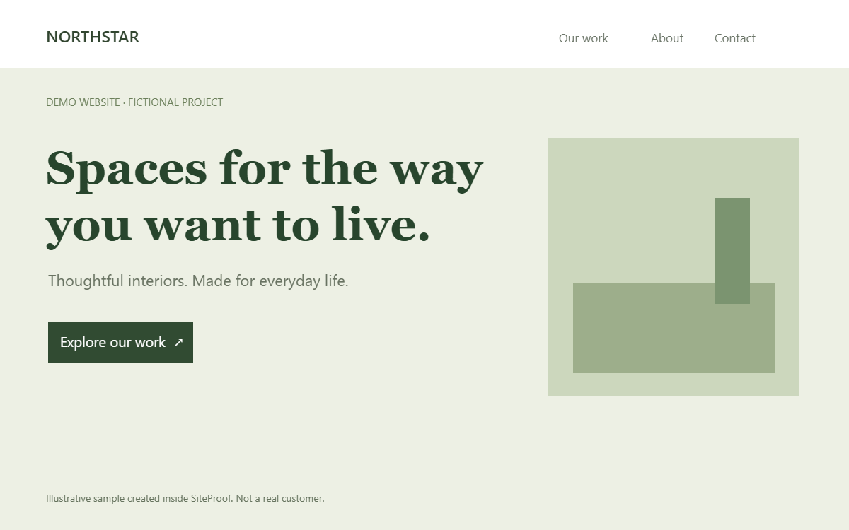 Fictional Northstar homepage after: a specific interiors headline and an Explore our work button