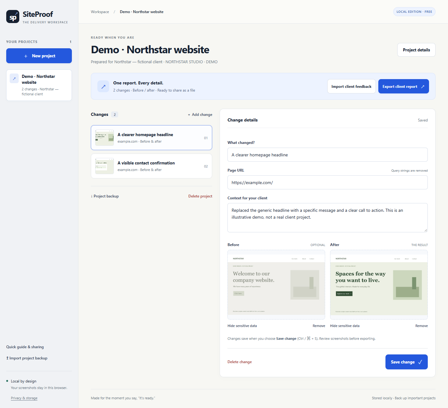 SiteProof workspace showing a fictional project, change notes and screenshot controls